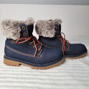 Lugz Faux Fur Lined Denim Look Boots Womens 7 Cozy Winter Lace Up Rugged Warm